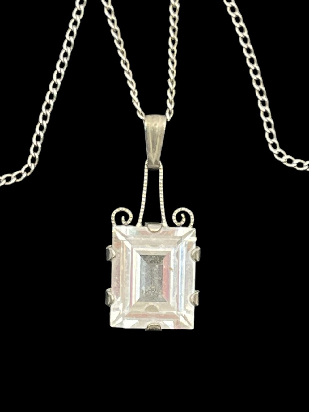 Art Deco sterling silver clear emerald cut glass stone pendant on chain necklace
